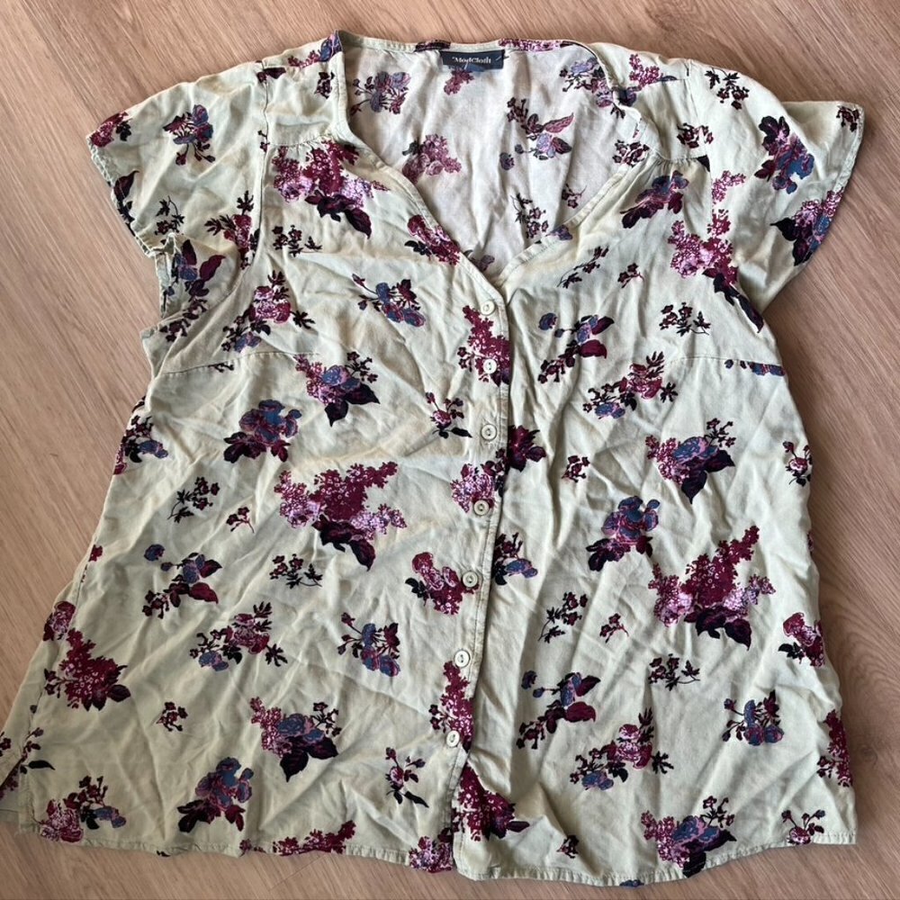 ** ModCloth mint green floral button down v neck blouse size 1X